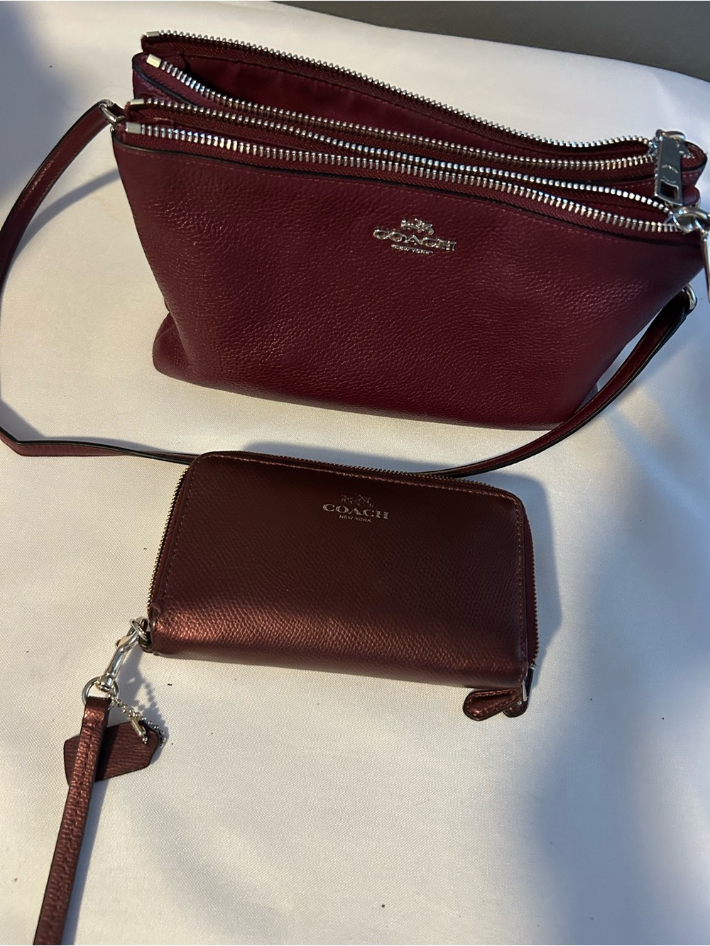 Coach Burgundy Crossbody Set - Double Zip Pouchette & Wristlet